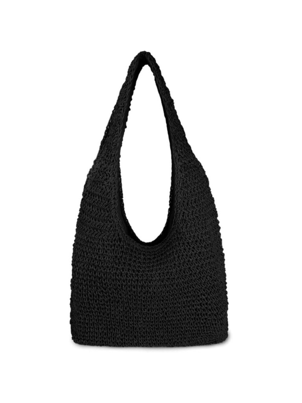 Women's Black Large Straw Beach Bag Handmade Woven Shoulder Hobo Tote Handbag